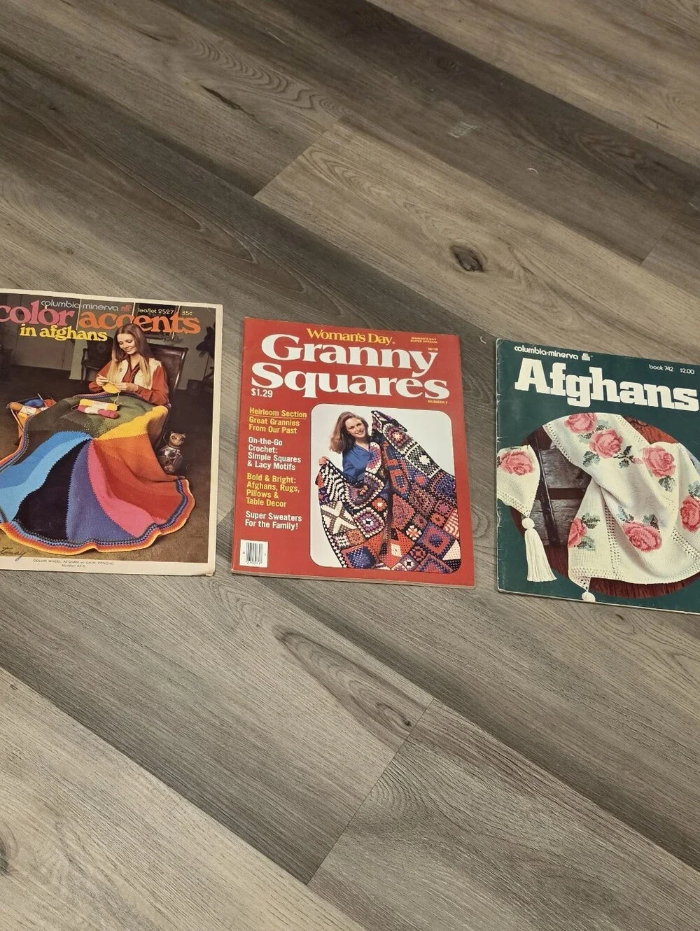 Vintage Crochet Patterns Lot 1970s Granny Squares Afghans Columbia Minerva 3pc